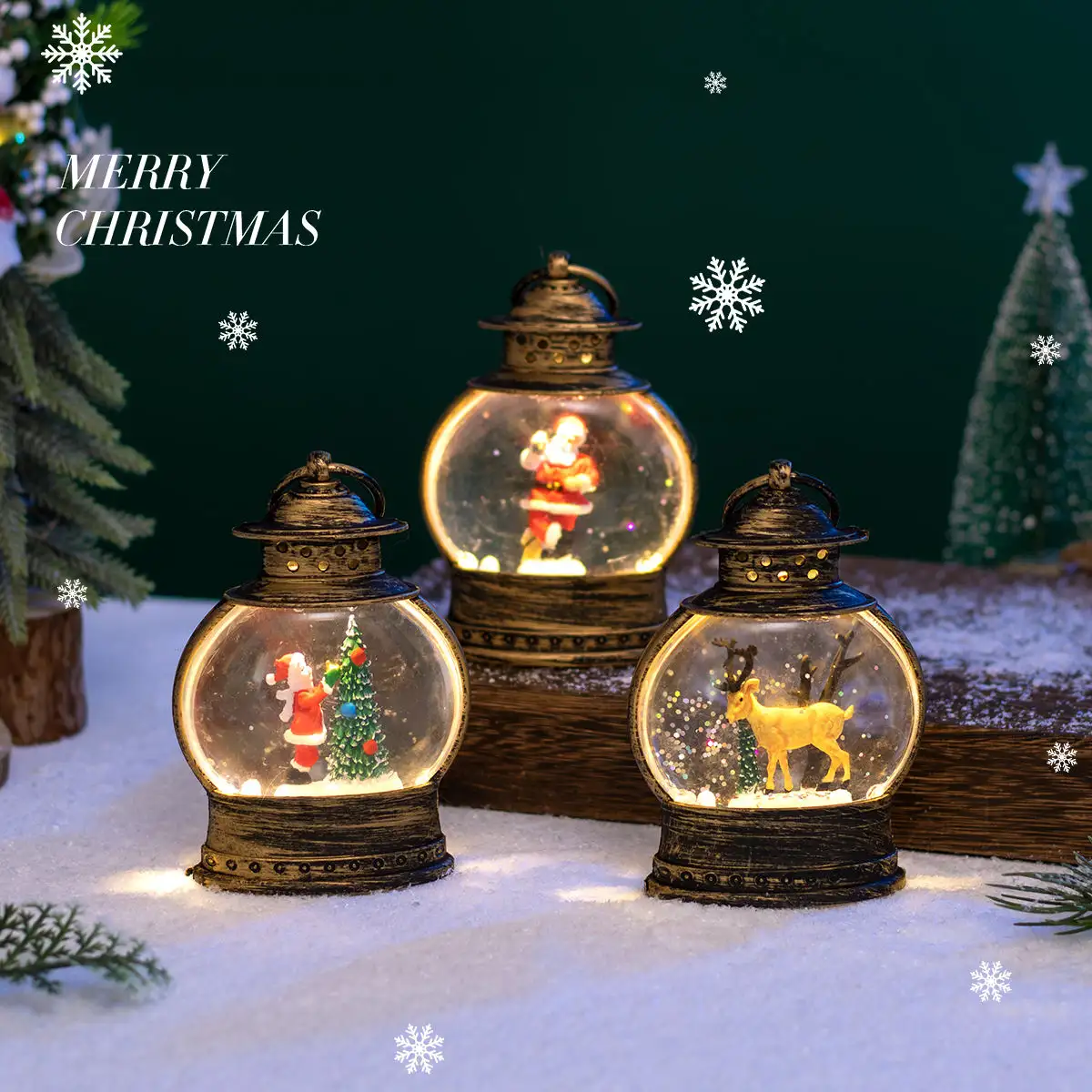 Battery Operated LED Christmas Snow Globe Lantern Warm White Light Decoration