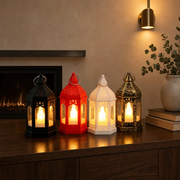 Decorative Outdoor LED Lanterns Hexagonal Wind Candle Light Retro Lamp