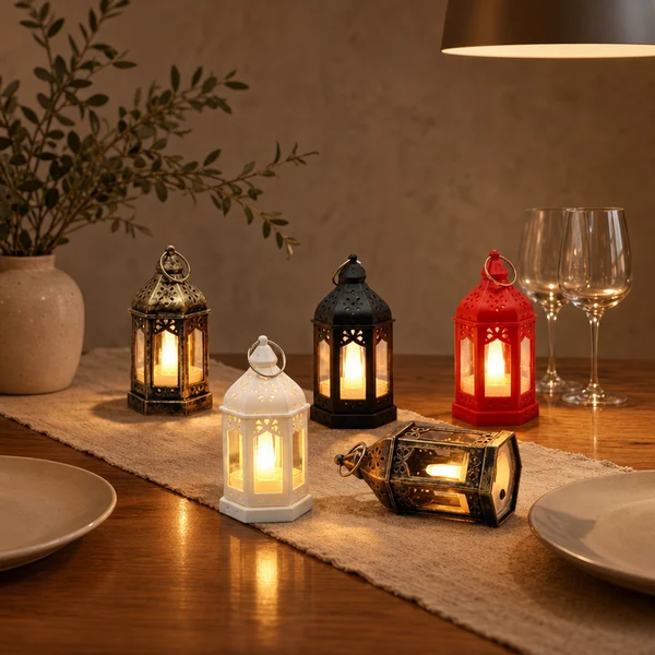 Decorative Outdoor LED Lanterns Hexagonal Wind Candle Light Retro Lamp