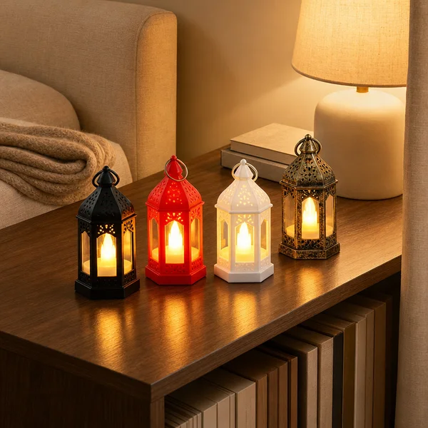 Decorative Outdoor LED Lanterns Hexagonal Wind Candle Light Retro Lamp