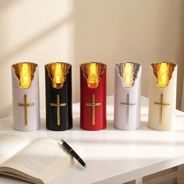 LED Cross Electronic Candle Light Religious Prayer Decoration Graveyard Lamp