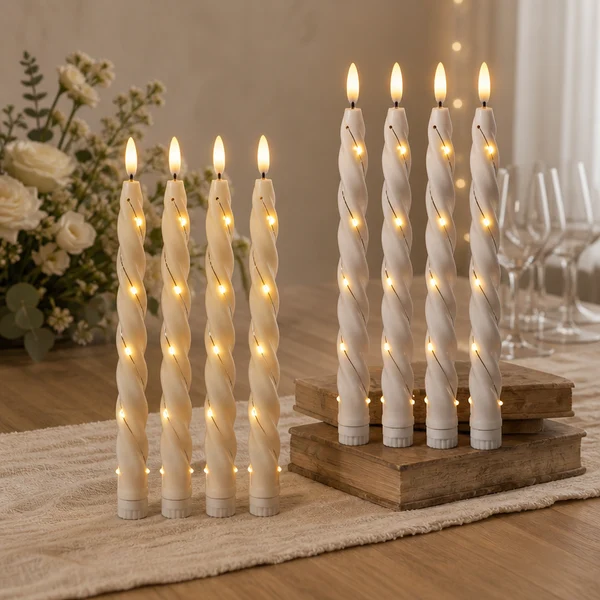 Realistic LED Taper Candles Spiral Wrapped Long Stem Wedding Decoration